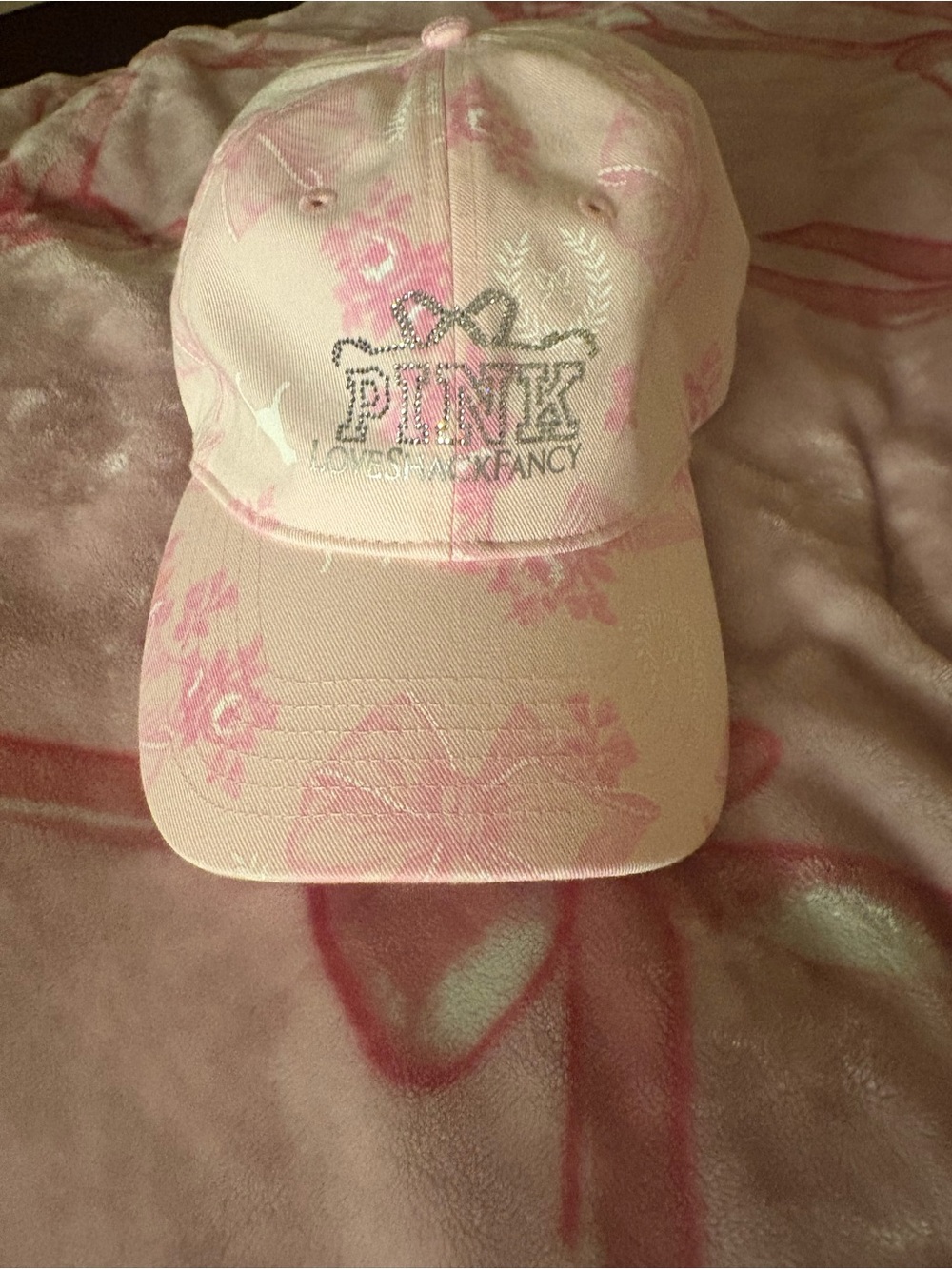 PINK Victoria's Secret Light Pink Floral Kids Baseball Cap with Silver Logo